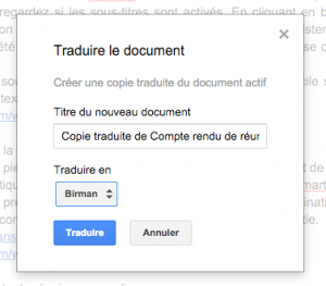 sélectionner la langue de traduction dans Google Docs, Drive