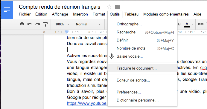 traduire un google doc dans Google Drive